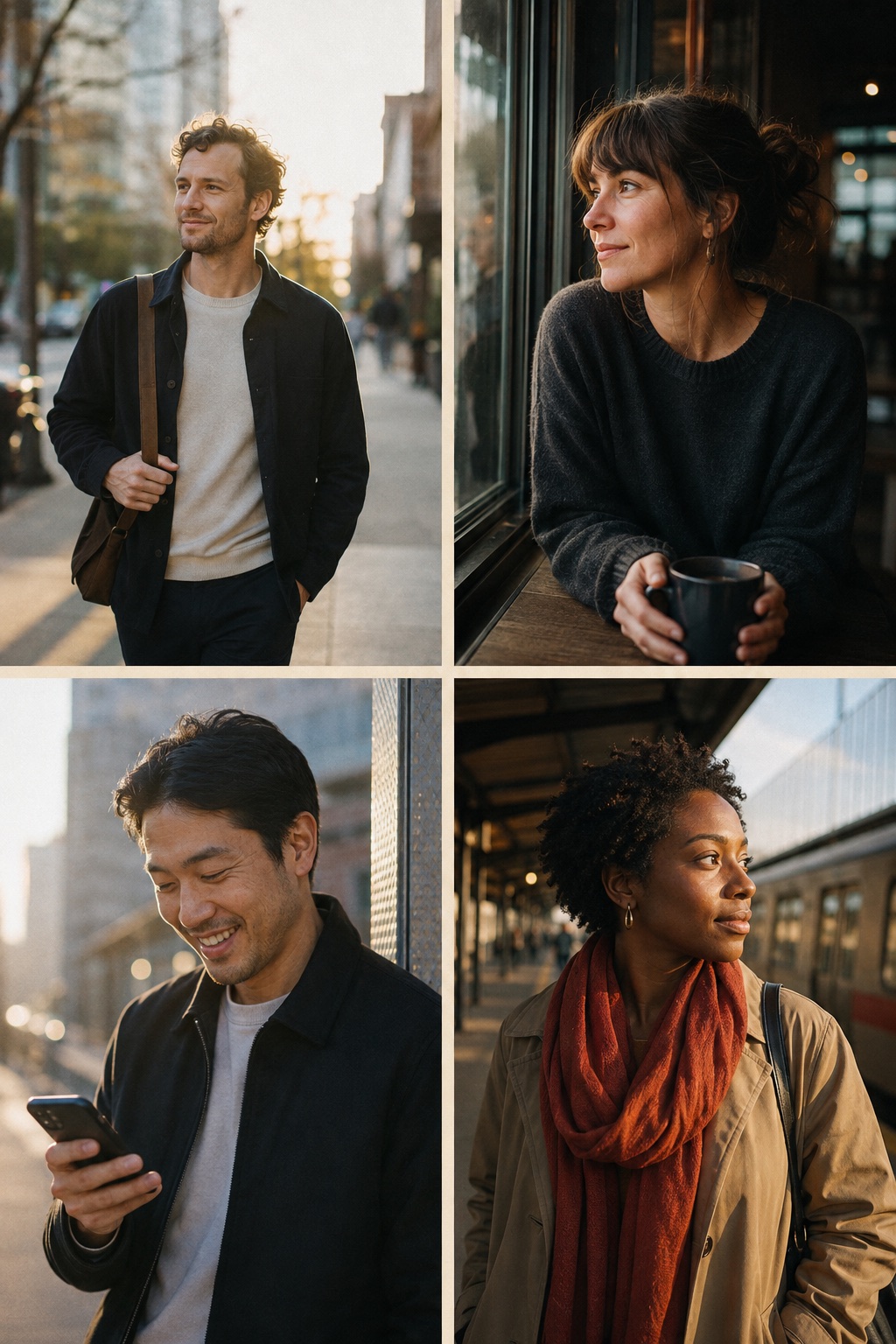 Four adults moving through calm city mornings