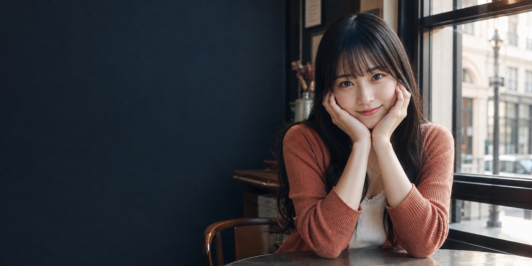A young Japanese woman smiling with her chin resting in her hands